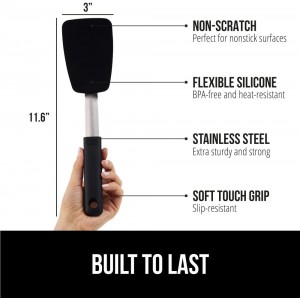 GORILLA GRIP Food Grade Flexible Silicone Spatula, Heat Resistant Head for Nonstick Frying Pan, Patented Soft Rubber Handle for Comfort, Non-Scratch Kitchen Turner, Flip Eggs Burgers, 11.6 in, Black