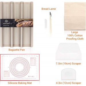 French Bread Kit - Baguette Pan for Baking, Silicone Baking Mat, Dough Cutter and Scraper, Bread Lame Cutter, & Bakers Couche Proofing Cloth - Nonstick Bread Pans for Homemade Bread Gift Set