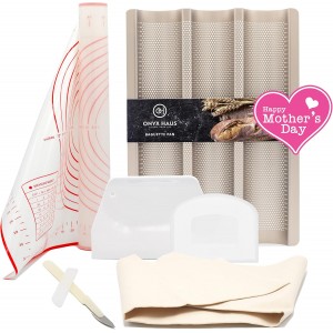 French Bread Kit - Baguette Pan for Baking, Silicone Baking Mat, Dough Cutter and Scraper, Bread Lame Cutter, & Bakers Couche Proofing Cloth - Nonstick Bread Pans for Homemade Bread Gift Set