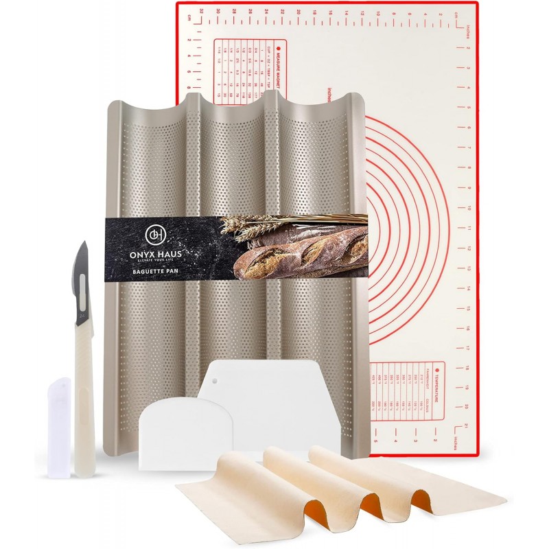 French Bread Kit - Baguette Pan for Baking, Silicone Baking Mat, Dough Cutter and Scraper, Bread Lame Cutter, & Bakers Couche Proofing Cloth - Nonstick Bread Pans for Homemade Bread Gift Set