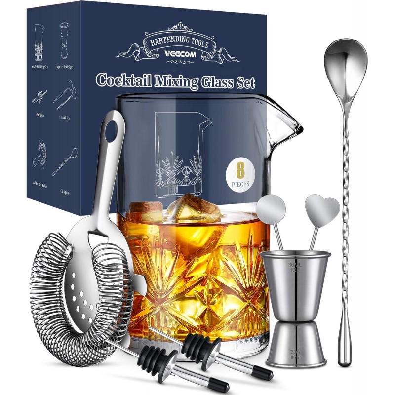Cocktail Mixing Glass, veecom 18oz Crystal Mixing Glass Bartender Kit, 8 Piece Old Fashioned Cocktail Set with Strainer, Spoon, Jigger, Picks, Pourers, Bar Tools Cocktail Shaker Set (8 Pieces)