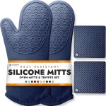 BPA-Free Soft Silicone 4 Piece Oven Mitts & Trivets Set - Ultra Heat Resistant Oven Mitts with Thick Cotton Liner - Long Slip Resistant Pot Holders, Flexible Oven Gloves - Navy