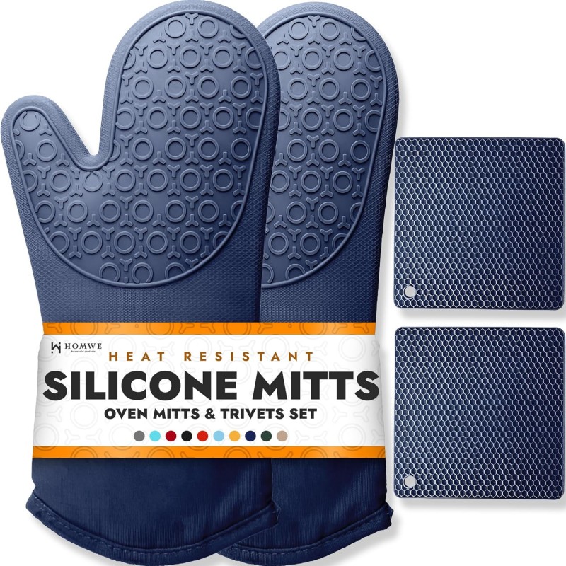 BPA-Free Soft Silicone 4 Piece Oven Mitts & Trivets Set - Ultra Heat Resistant Oven Mitts with Thick Cotton Liner - Long Slip Resistant Pot Holders, Flexible Oven Gloves - Navy