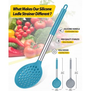 Kitchen Ladle Strainer Set of 2 Large Slotted Spoon with High Heat Resistant BPA Free Non Stick Cooking Skimmers For Draining and Frying (Grey and Teal Blue)