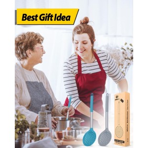 Kitchen Ladle Strainer Set of 2 Large Slotted Spoon with High Heat Resistant BPA Free Non Stick Cooking Skimmers For Draining and Frying (Grey and Teal Blue)
