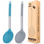 Kitchen Ladle Strainer Set of 2 Large Slotted Spoon with High Heat Resistant BPA Free Non Stick Cooking Skimmers For Draining and Frying (Grey and Teal Blue)