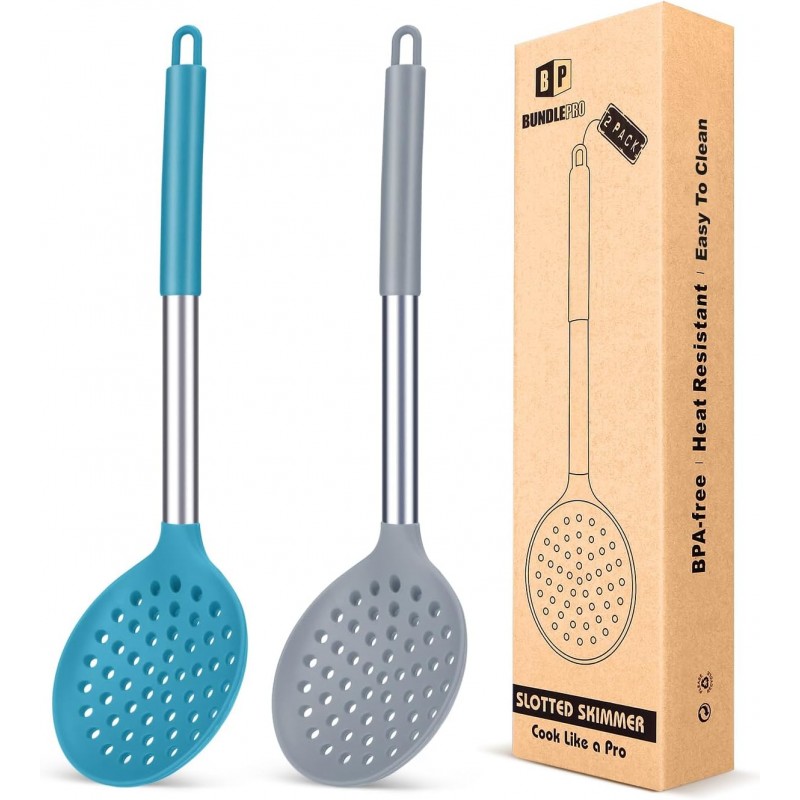 Kitchen Ladle Strainer Set of 2 Large Slotted Spoon with High Heat Resistant BPA Free Non Stick Cooking Skimmers For Draining and Frying (Grey and Teal Blue)