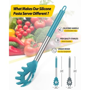 Pack of 2 Silicone Pasta Fork, Kitchen Heat Resistant Noodle Spoon Server, BPA Free Spaghetti Strainer, Best Cooking Tools (GRAY-BLUE)