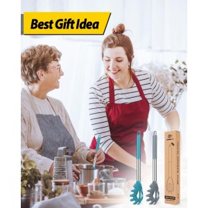 Pack of 2 Silicone Pasta Fork, Kitchen Heat Resistant Noodle Spoon Server, BPA Free Spaghetti Strainer, Best Cooking Tools (GRAY-BLUE)