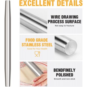 Smooth Stainless Steel Rolling Pin for Baking Fondant, Pizza, Pie, Pastry, Pasta, Dough, Cookies (12.8in)