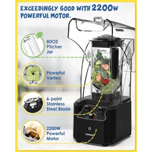 CRANDDI Commercial Quiet Blender, 2200 Watt Professional Countertop Blender with 80oz Pitcher, Built-in Pulse & 15-speeds Control, Smoothie Blender for Commercial and Home, K90 Black
