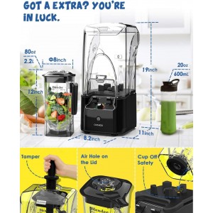CRANDDI Commercial Quiet Blender, 2200 Watt Professional Countertop Blender with 80oz Pitcher, Built-in Pulse & 15-speeds Control, Smoothie Blender for Commercial and Home, K90 Black