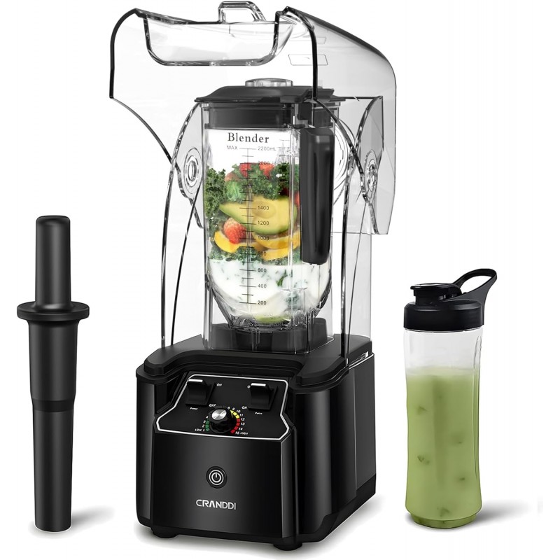 CRANDDI Commercial Quiet Blender, 2200 Watt Professional Countertop Blender with 80oz Pitcher, Built-in Pulse & 15-speeds Control, Smoothie Blender for Commercial and Home, K90 Black