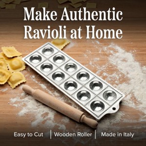 Ravioli Mold - Pasta Cutter Makes 12 Round 2” Raviolis - Easy to Use Stuffed Pasta Maker with Wood Roller and Non-Slip Rubber Feet - Made in Italy Kitchen Tools by Kings County Tools
