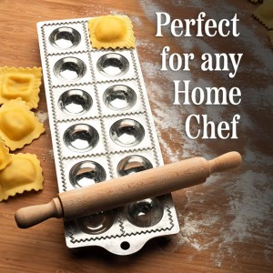 Ravioli Mold - Pasta Cutter Makes 12 Round 2” Raviolis - Easy to Use Stuffed Pasta Maker with Wood Roller and Non-Slip Rubber Feet - Made in Italy Kitchen Tools by Kings County Tools