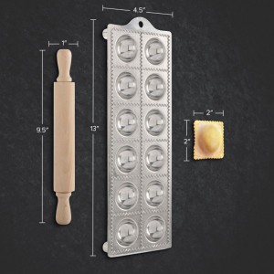 Ravioli Mold - Pasta Cutter Makes 12 Round 2” Raviolis - Easy to Use Stuffed Pasta Maker with Wood Roller and Non-Slip Rubber Feet - Made in Italy Kitchen Tools by Kings County Tools