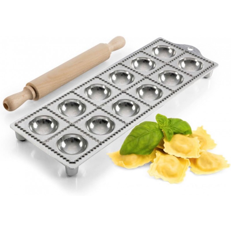 Ravioli Mold - Pasta Cutter Makes 12 Round 2” Raviolis - Easy to Use Stuffed Pasta Maker with Wood Roller and Non-Slip Rubber Feet - Made in Italy Kitchen Tools by Kings County Tools