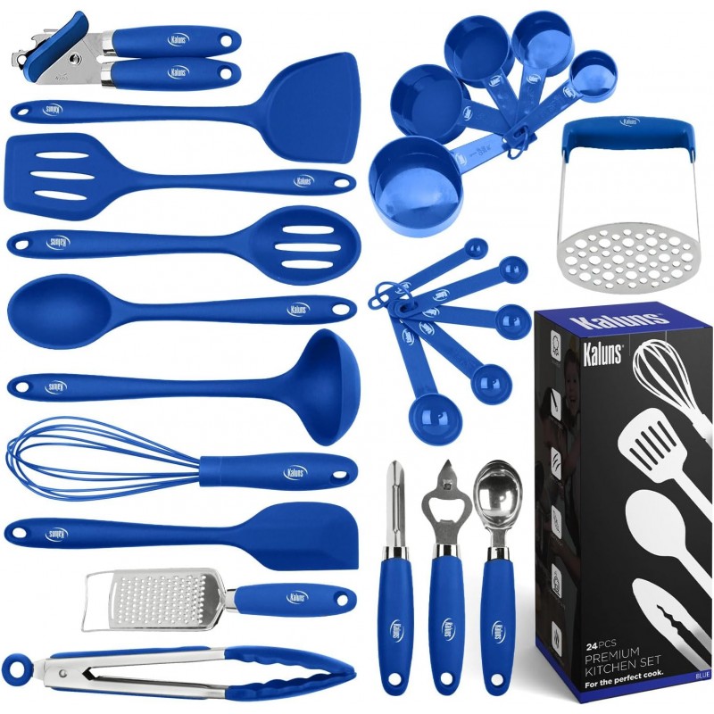 Kaluns Silicone Kitchen Utensils Set 24 Pcs Cooking Utensils Set - Can Opener, Masher, Turner, Spatula 446°F Heat Resistant Non-Stick - Premium Silicone and Stainless Steel Utensil Set