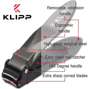 Nail Clippers for Men with Catcher - KLIPP Heavy Duty Razor-Sharp Self-Collecting Nail Cutter, Ergonomic Lever for Fingernails & Toenails, Ideal Gift for Men & Grooming Gifts Includes Ziplock Pouch