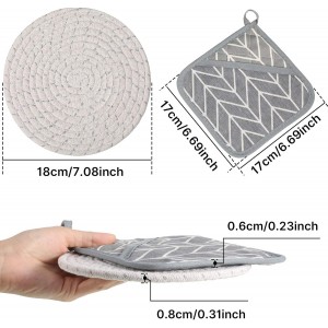 7 Pieces Square Pot Holders Washable Heat Resistant Pocket Mitt with Hanging Loop and Round Thread Weave Coaster Braided Drink Hot Pad Absorbent Woven Coaster for Kitchen Cooking Dinning