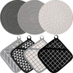 7 Pieces Square Pot Holders Washable Heat Resistant Pocket Mitt with Hanging Loop and Round Thread Weave Coaster Braided Drink Hot Pad Absorbent Woven Coaster for Kitchen Cooking Dinning