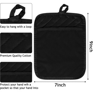 R HORSE 6Pcs Pot Holder with Pocket for Kitchen Black Pot Holders Set Cotton Heat Resistant Potholder Terry Cloth Coaster Hot Pad Oven Mitts Trivet for Baking Cooking 7''x9''