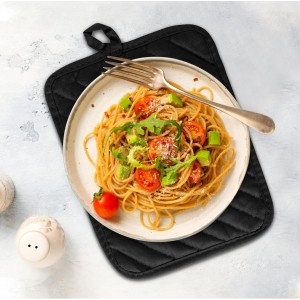 R HORSE 6Pcs Pot Holder with Pocket for Kitchen Black Pot Holders Set Cotton Heat Resistant Potholder Terry Cloth Coaster Hot Pad Oven Mitts Trivet for Baking Cooking 7''x9''