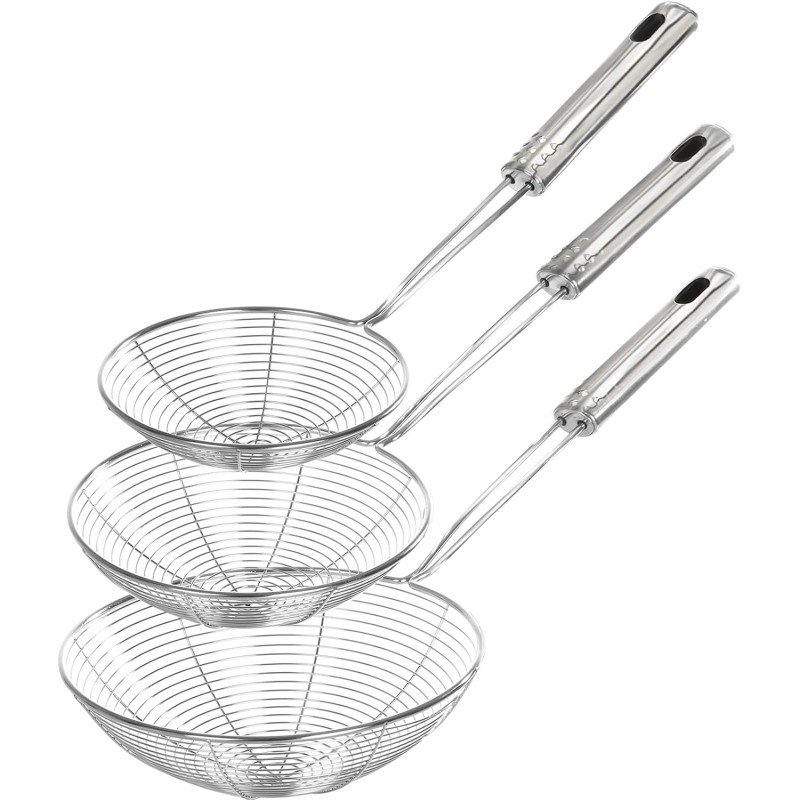 Enhanced Version Stainless Steel Spider Strainer Skimmer Ladle, Set of 3 Sizes Kitchen Strainer Spoon for Cooking and Frying, Pasta Strainer, Food Preparation-32.5cm, 36cm, 38cm