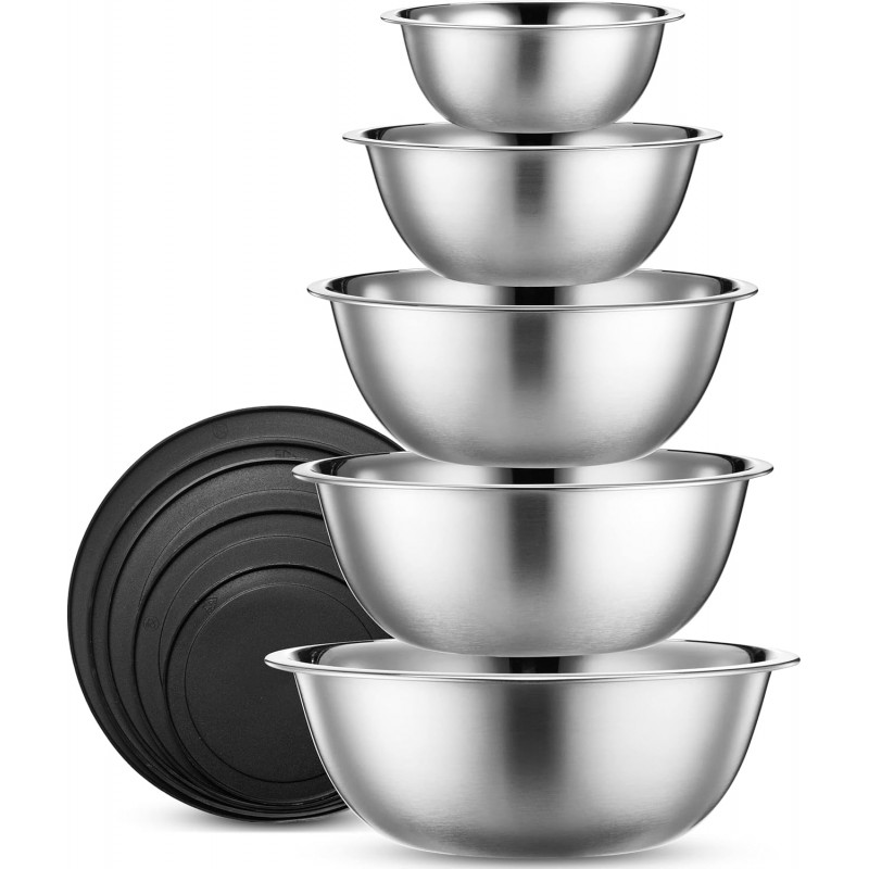 WHYSKO Stainless Steel Mixing Bowl Set, 10 Piece Stainless Steel Mixing Bowls with Lids Set for Food Prep Storage and Serving, Dishwasher Safe for Kitchen Baking Cooking, Silver