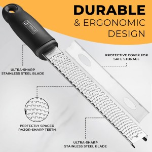 Orblue Lemon Zester & Cheese Grater - Premium Citrus Zester, Kitchen Grater for Parmesan, Chocolate, Fruits, Vegetables, Ginger, Garlic, Nutmeg - Stainless Steel Blades with Protective Cover, Black