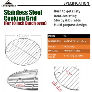 CAMPINGMOON φ8.27inch/φ21cm Round Stainless Steel Roasting Baking Steaming Cooling Rack Cooking Grid Grill Fits for 10-inch Dutch Oven W21