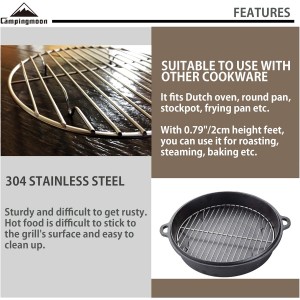 CAMPINGMOON φ8.27inch/φ21cm Round Stainless Steel Roasting Baking Steaming Cooling Rack Cooking Grid Grill Fits for 10-inch Dutch Oven W21