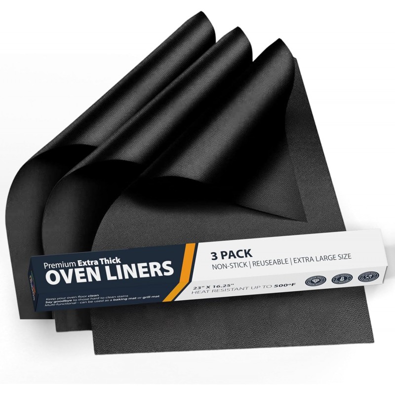 Oven Liners for Bottom of Oven - 3 Pack Large Heavy Duty Mats, 16.25”x23” Non-Stick Reusable Liner for Electric, Gas, Toasters, Grills - BPA & PFOA Free Kitchen Accessory to Keep It Clean (Black)
