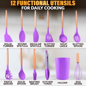 12 Pcs Purple Kitchen Utensils Set with Holder – Versatile Silicone Utensils Set for Cooking and Baking, Gentle on Pots and Pans, Heat-Resistant, Stylish, Easy to Clean, Purple Kitchen Accessories