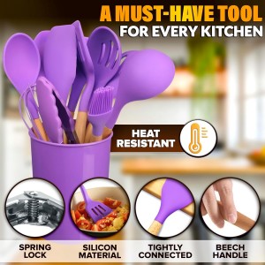 12 Pcs Purple Kitchen Utensils Set with Holder – Versatile Silicone Utensils Set for Cooking and Baking, Gentle on Pots and Pans, Heat-Resistant, Stylish, Easy to Clean, Purple Kitchen Accessories