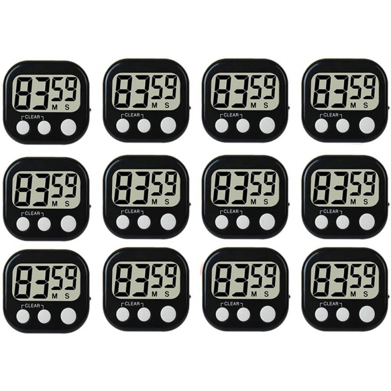 12 Pack Digital Kitchen Timer Large LCD Display Loud Alarm Strong Magnetic Stand, Minute Seconds Count Up Countdown and Simple Operation Timers for Cooking, Bathroom, Kids, Teacher, Classroom - Black