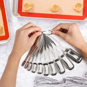 FANGSUN Narrow Measuring Spoons Set of 10, Heavy-Duty Stainless Steel Measuring Spoons with Long Handles & Engraved Measurements, Fits in Spice Jars, for Baking & Cooking