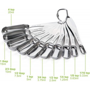 FANGSUN Narrow Measuring Spoons Set of 10, Heavy-Duty Stainless Steel Measuring Spoons with Long Handles & Engraved Measurements, Fits in Spice Jars, for Baking & Cooking
