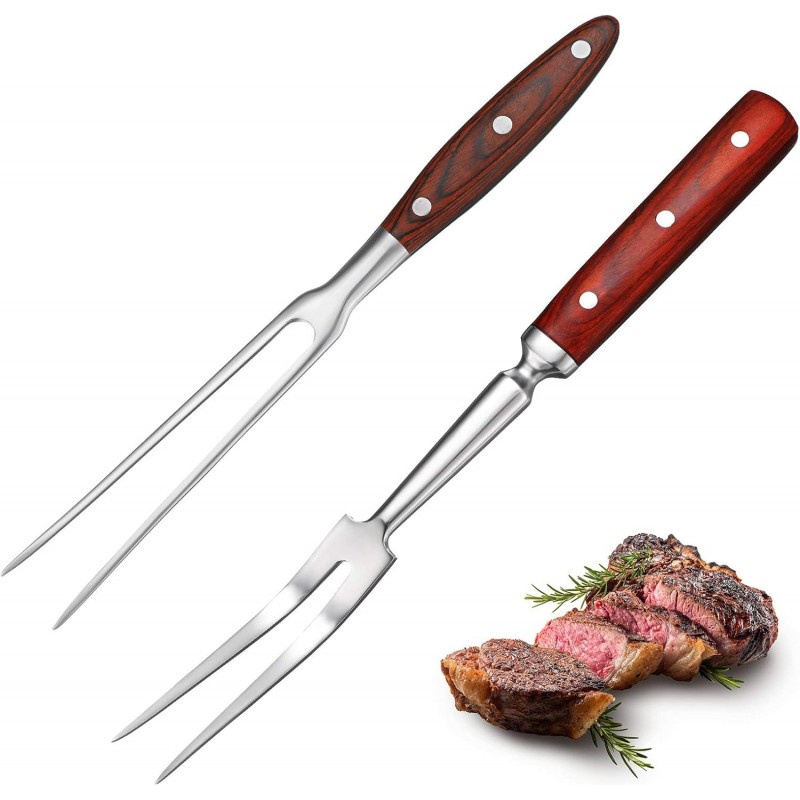 Patelai 2 Pcs Carving Meat Forks 12 in and 14 in Kitchen Stainless Steel Serving Grilling Beef Forks with Wooden Handle Xmas Large Cooking Forged Set for Home Family Party Roast BBQ Tools