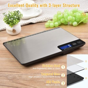 33lb Digital Kitchen Scale Large Weighing Area (9 in), Diyife Professional Electronic Food Scale, Stainless Steel Household Scale, Touch Control, LCD Display, Hangable, 6 Units, Tare, with Batteries
