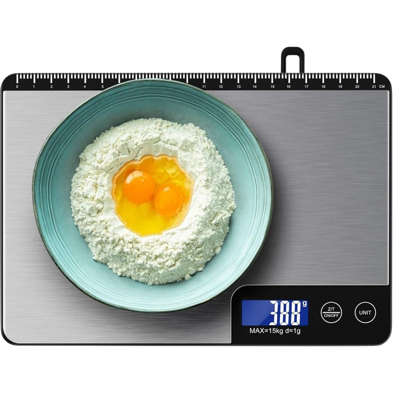 33lb Digital Kitchen Scale Large Weighing Area (9 in), Diyife Professional Electronic Food Scale, Stainless Steel Household Scale, Touch Control, LCD Display, Hangable, 6 Units, Tare, with Batteries