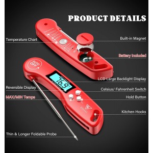 DOQAUS Digital Meat Thermometer, Instant Read Food Thermometer for Cooking with Backlit & Auto-Rotating Display, 4.6” Probe for Grilling, Baking, and Perfect BBQ