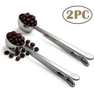 Coffee Scoop Spoon with Bag Clip 2 Pcs,1 Tbsp Stainless Steel Long Handle Measuring Spoons for Ground Coffee and Beans, Loose Tea and Powder(Silver / 15ML)