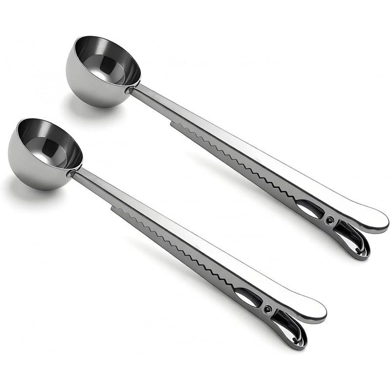 Coffee Scoop Spoon with Bag Clip 2 Pcs,1 Tbsp Stainless Steel Long Handle Measuring Spoons for Ground Coffee and Beans, Loose Tea and Powder(Silver / 15ML)