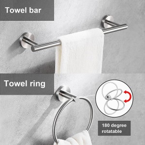 6 Pieces Brushed Nickel Bathroom Hardware Accessories Set Hand Towel Ring 16&23.6 inch Round Towel Bar Silver Toilet Paper Holder Towel Hooks 2 Pieces SUS 304 Stainless Steel,Heavy Duty,Wall Mounted