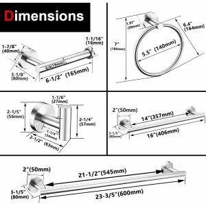 6 Pieces Brushed Nickel Bathroom Hardware Accessories Set Hand Towel Ring 16&23.6 inch Round Towel Bar Silver Toilet Paper Holder Towel Hooks 2 Pieces SUS 304 Stainless Steel,Heavy Duty,Wall Mounted