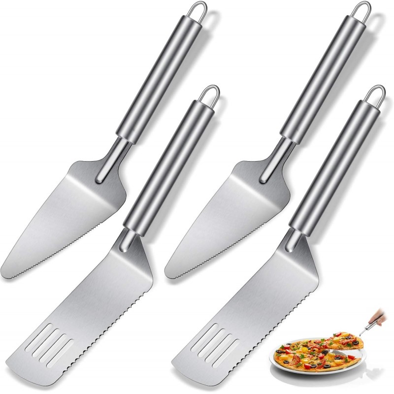 4 Pieces Pie Server Set Stainless Steel Pie Spatula Serrated Cake Cutter Slicer Cake Knife Gadgets with Comfortable Handle, for Cutting and Serving Desserts Brownies Pizza and Lasagna