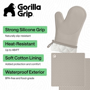 GORILLA GRIP BPA-Free Soft Silicone Oven Mitts and Pot Holders Sets of 4, Heat Resistant Waterproof Cooking Gloves, Thick Cotton Lining, Flexible Gripping for Baking Grilling, Kitchen Trivets, Almond