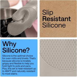 GORILLA GRIP BPA-Free Soft Silicone Oven Mitts and Pot Holders Sets of 4, Heat Resistant Waterproof Cooking Gloves, Thick Cotton Lining, Flexible Gripping for Baking Grilling, Kitchen Trivets, Almond