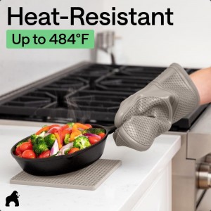 GORILLA GRIP BPA-Free Soft Silicone Oven Mitts and Pot Holders Sets of 4, Heat Resistant Waterproof Cooking Gloves, Thick Cotton Lining, Flexible Gripping for Baking Grilling, Kitchen Trivets, Almond